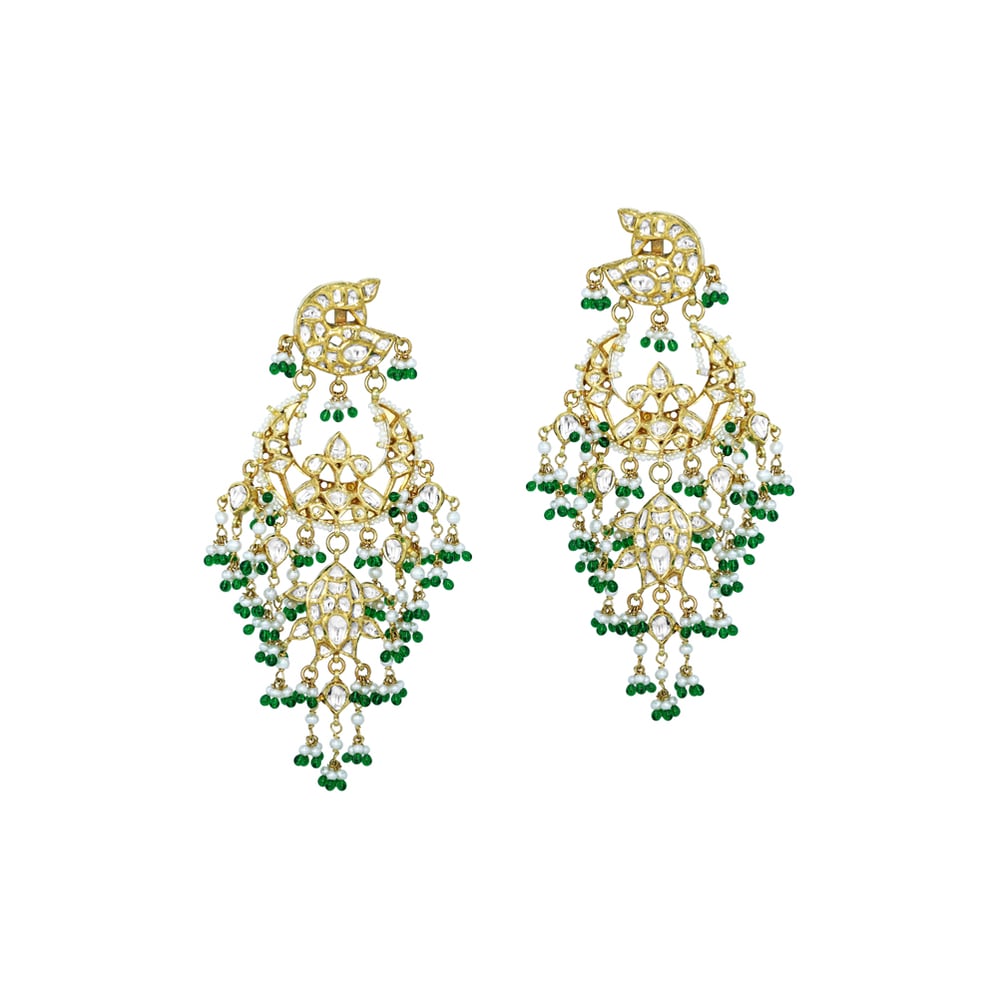 Floral Polki Earrings with Cascading Emerald and Pearl Beads